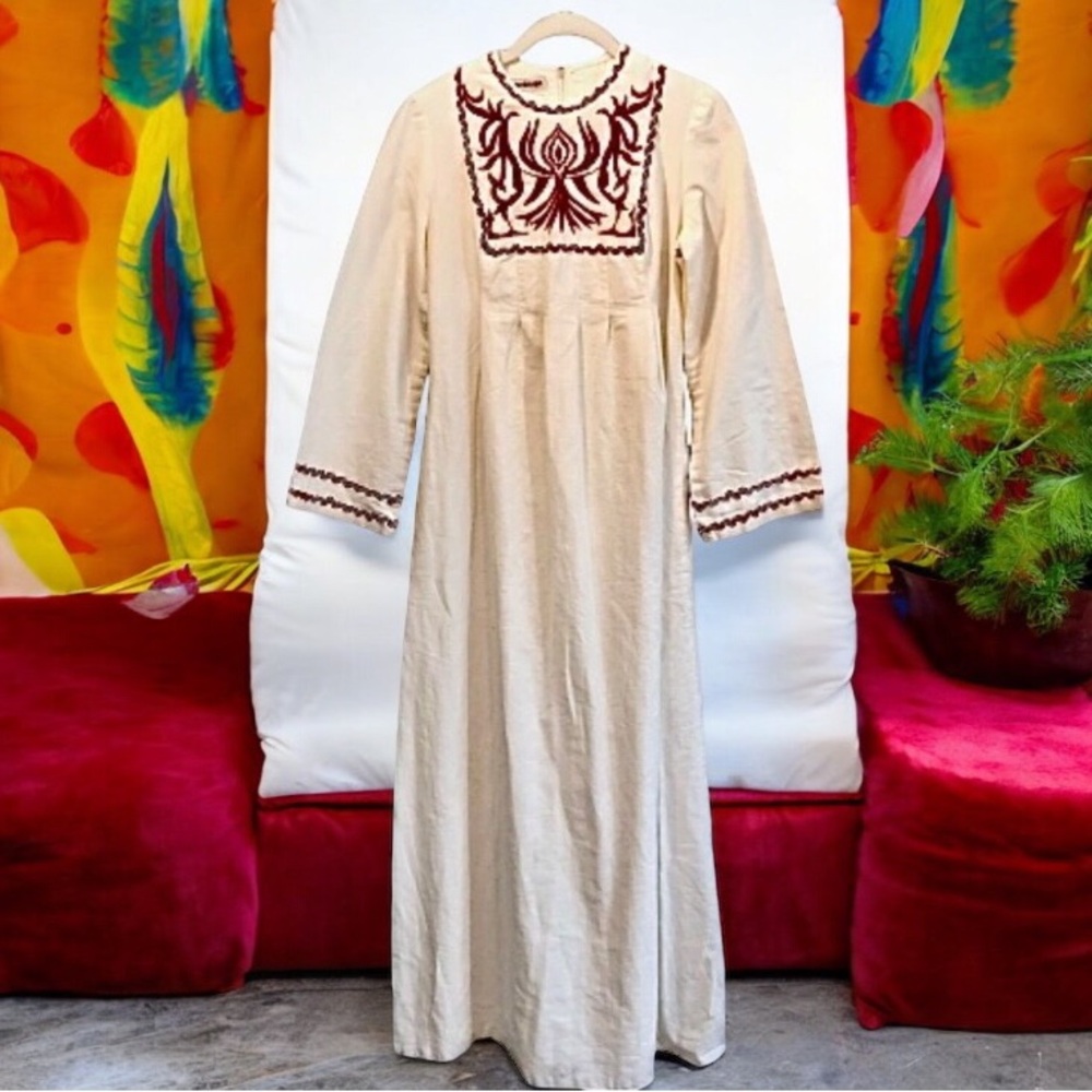 Vintage 70s Joseph Magnin Kaftan Dress Embroidered Ric Rac Cream Maxi Boho XS - Picture 2 of 15